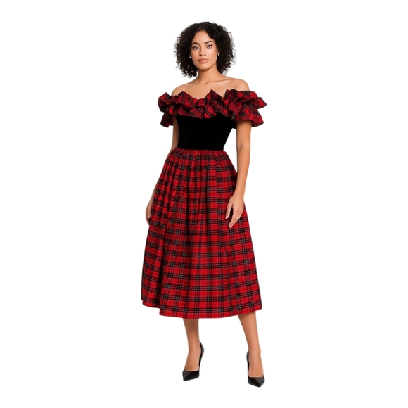 Vintage Prago Plaid Off The Shoulder Ruffle Trim Midi Length Dress Size 8 - Picture 1 of 10